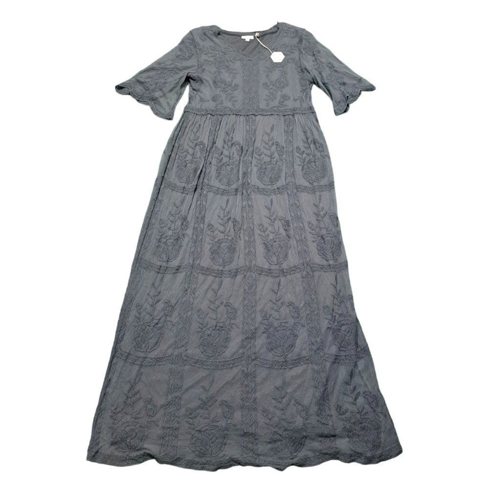PinkBlush Women's Embroidered Lace Cottage Core Short Sleeve Grey Dress M/L